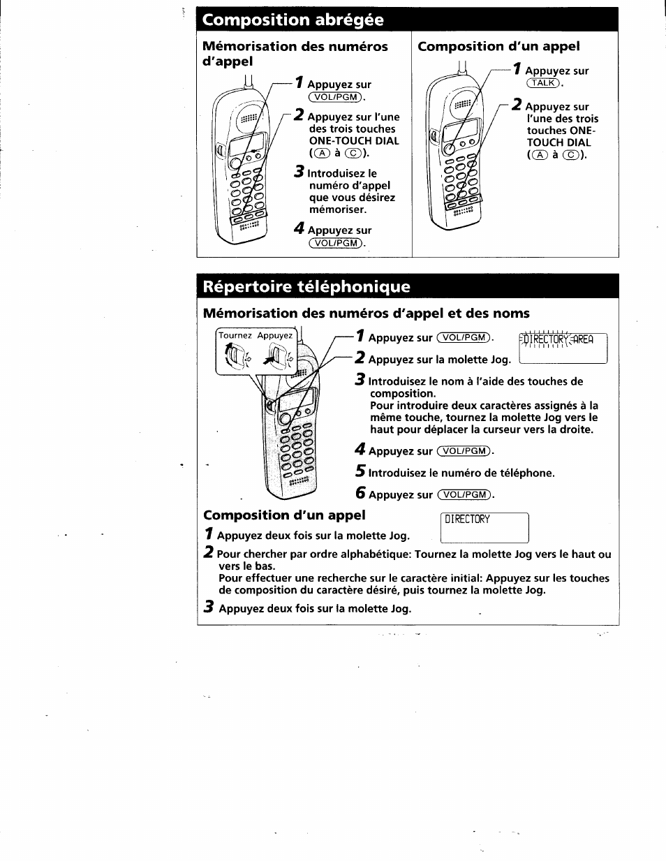 Composition abrégée, Mémorisation des numéros d'appel, Composition d'un appel | Répertoire téléphonique, Mémorisation des numéros d'appel et des noms | Sony SPP-SS961 User Manual | Page 71 / 72