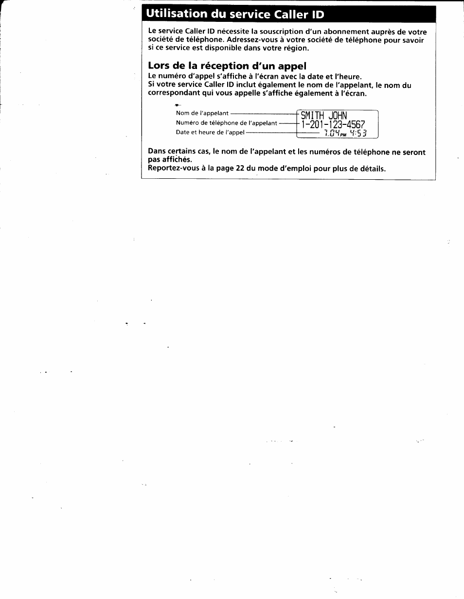 Utilisation du service caller id | Sony SPP-SS961 User Manual | Page 72 / 72