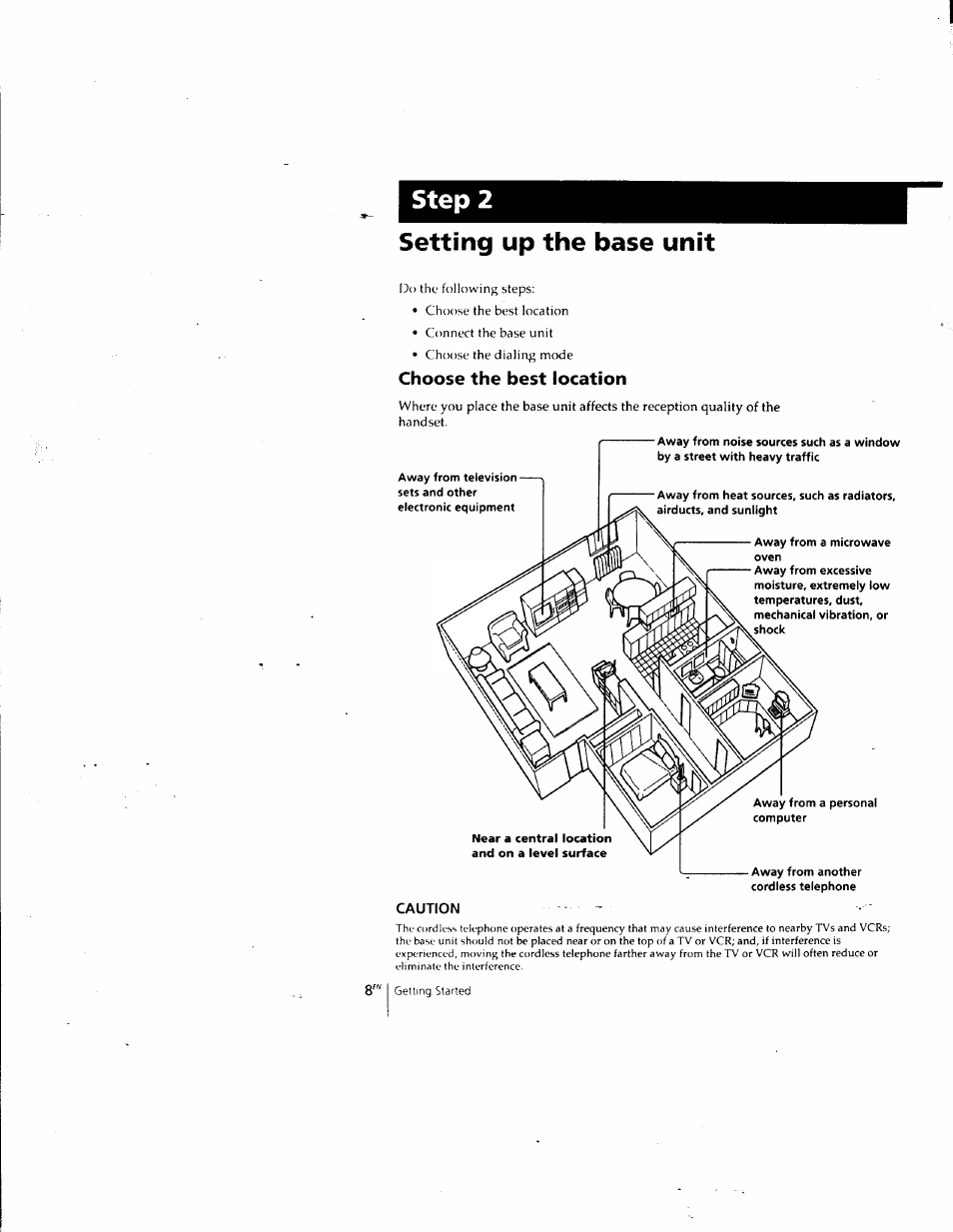 Setting up the base unit, Choose the best location, Away from a microwave oven | Away from another cordless telephone, Caution, Step 2 | Sony SPP-SS961 User Manual | Page 8 / 72