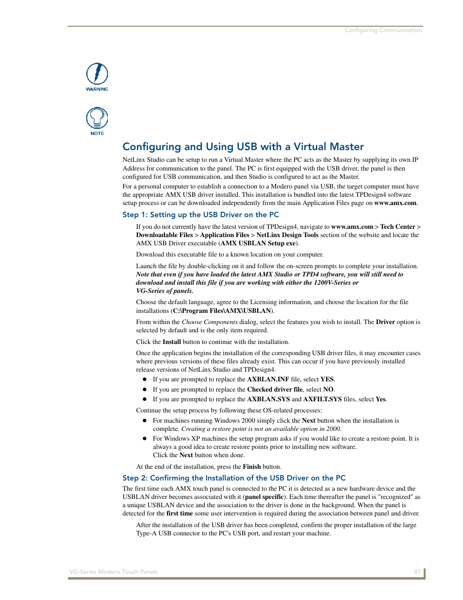 Configuring and using usb with a virtual master, Step 1: setting up the usb driver on the pc | AMX Modero NXD/NXT-1200VG User Manual | Page 101 / 256