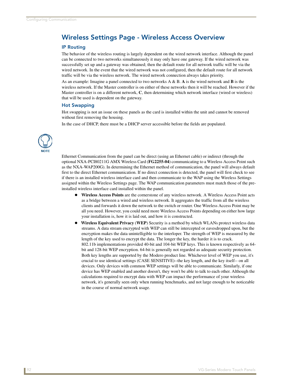 Ip routing, Hot swapping, Wireless settings page - wireless access overview | AMX Modero NXD/NXT-1200VG User Manual | Page 106 / 256