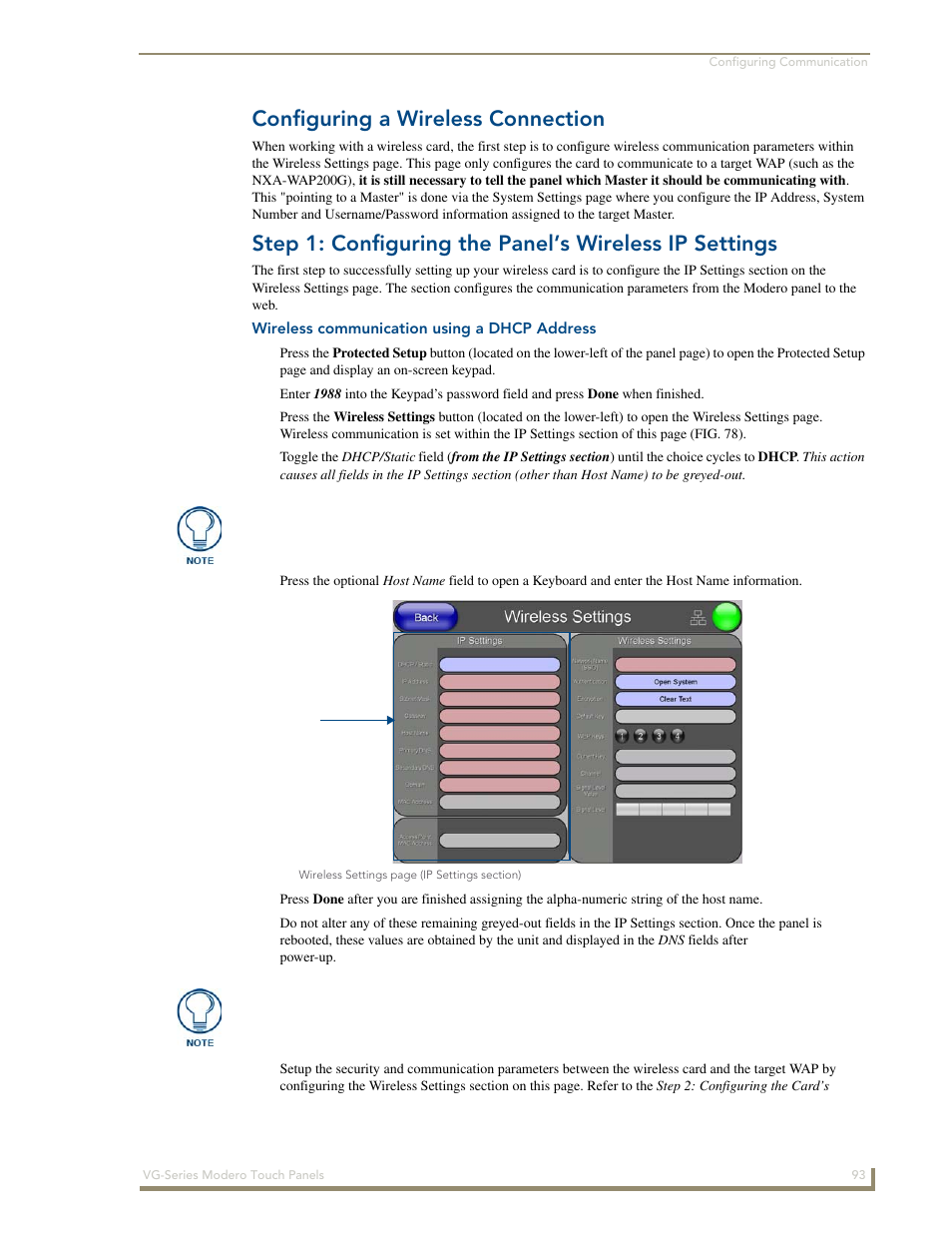 Configuring a wireless connection, Wireless communication using a dhcp address | AMX Modero NXD/NXT-1200VG User Manual | Page 107 / 256