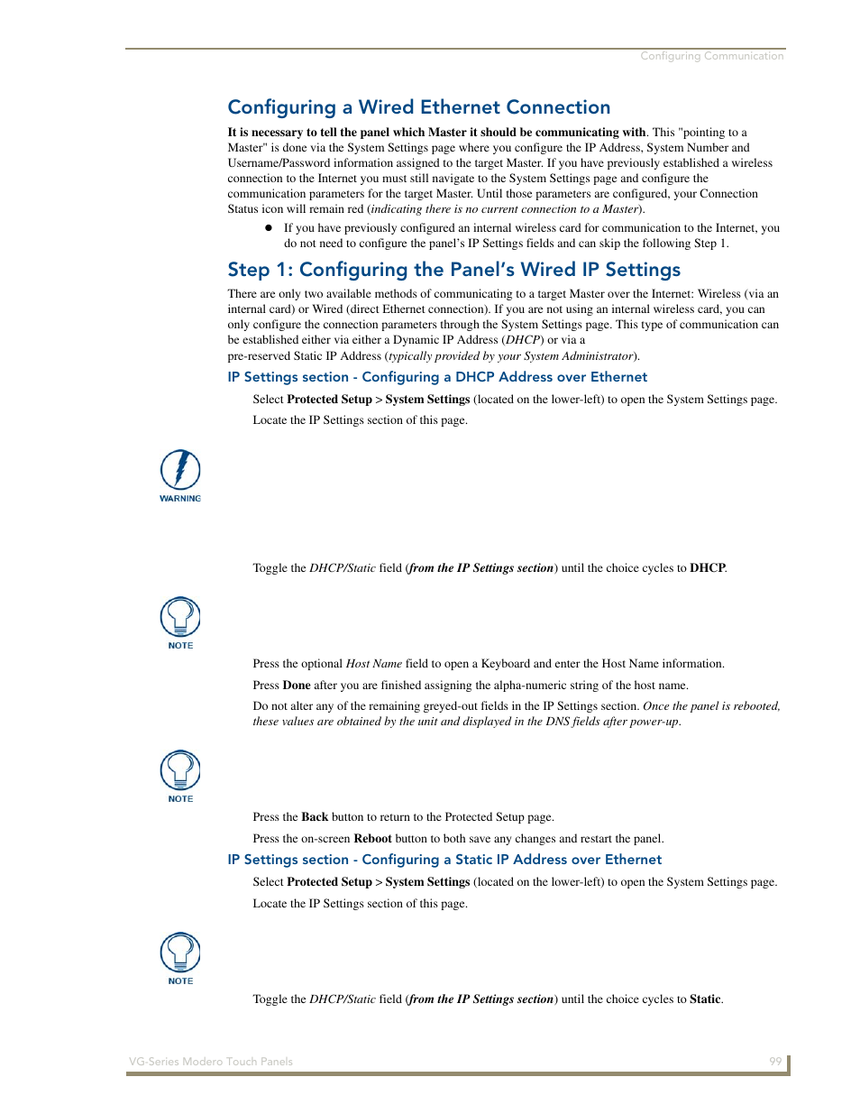 Configuring a wired ethernet connection, Step 1: configuring the panel’s wired ip settings | AMX Modero NXD/NXT-1200VG User Manual | Page 113 / 256