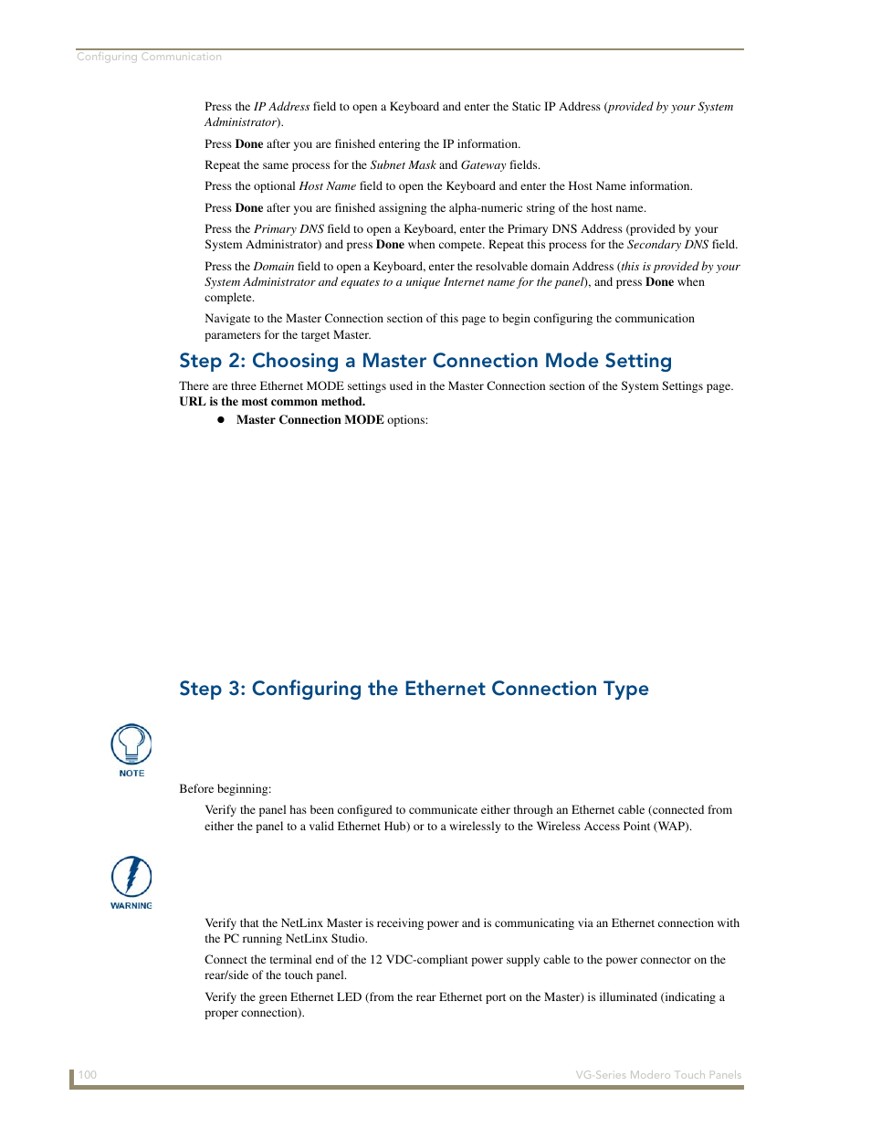 Step 2: choosing a master connection mode setting, Step 3: configuring the ethernet connection type | AMX Modero NXD/NXT-1200VG User Manual | Page 114 / 256