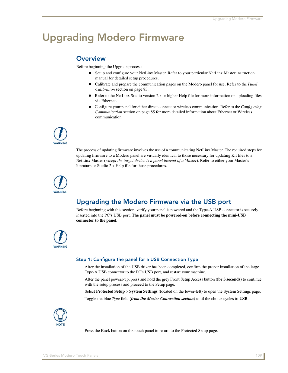 Upgrading modero firmware, Overview, Upgrading the modero firmware via the usb port | AMX Modero NXD/NXT-1200VG User Manual | Page 123 / 256