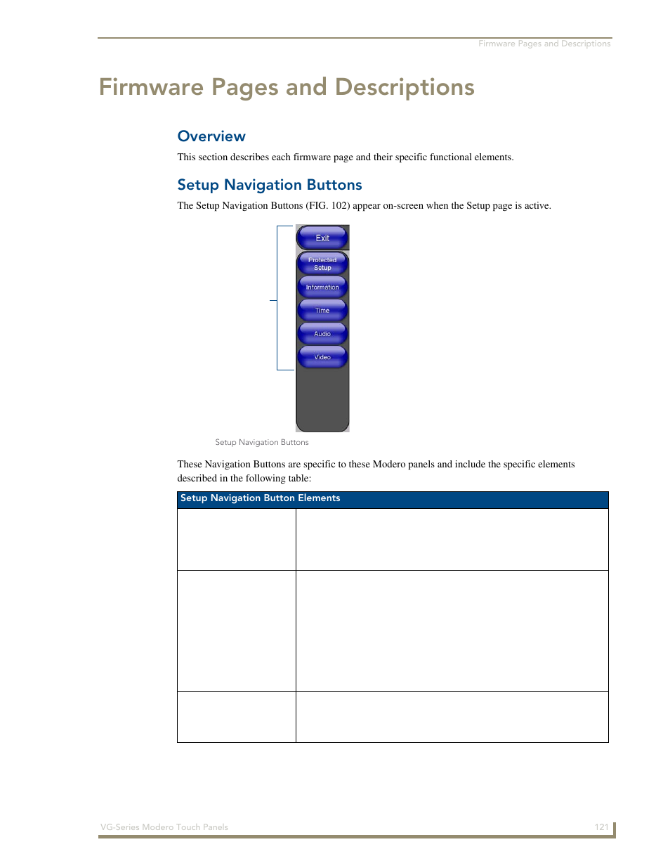 Overview, Setup navigation buttons, Firmware pages and descriptions | AMX Modero NXD/NXT-1200VG User Manual | Page 135 / 256