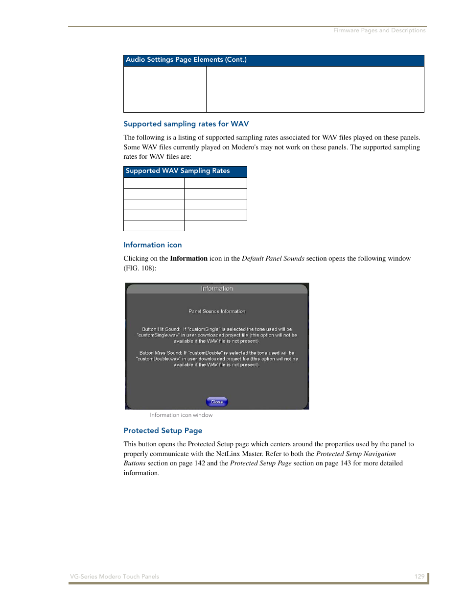 Supported sampling rates for wav, Information icon | AMX Modero NXD/NXT-1200VG User Manual | Page 143 / 256