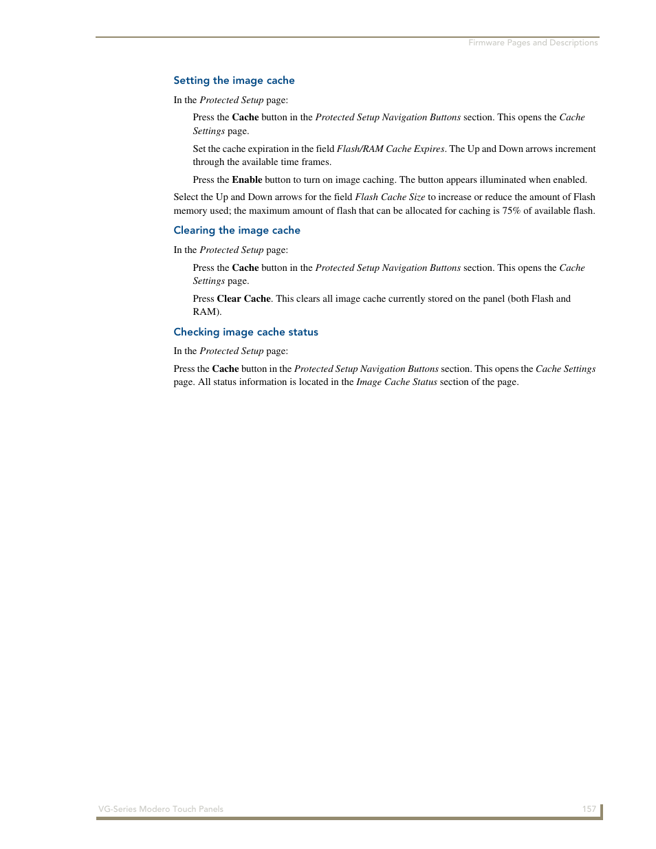 Setting the image cache, Clearing the image cache, Checking image cache status | AMX Modero NXD/NXT-1200VG User Manual | Page 171 / 256