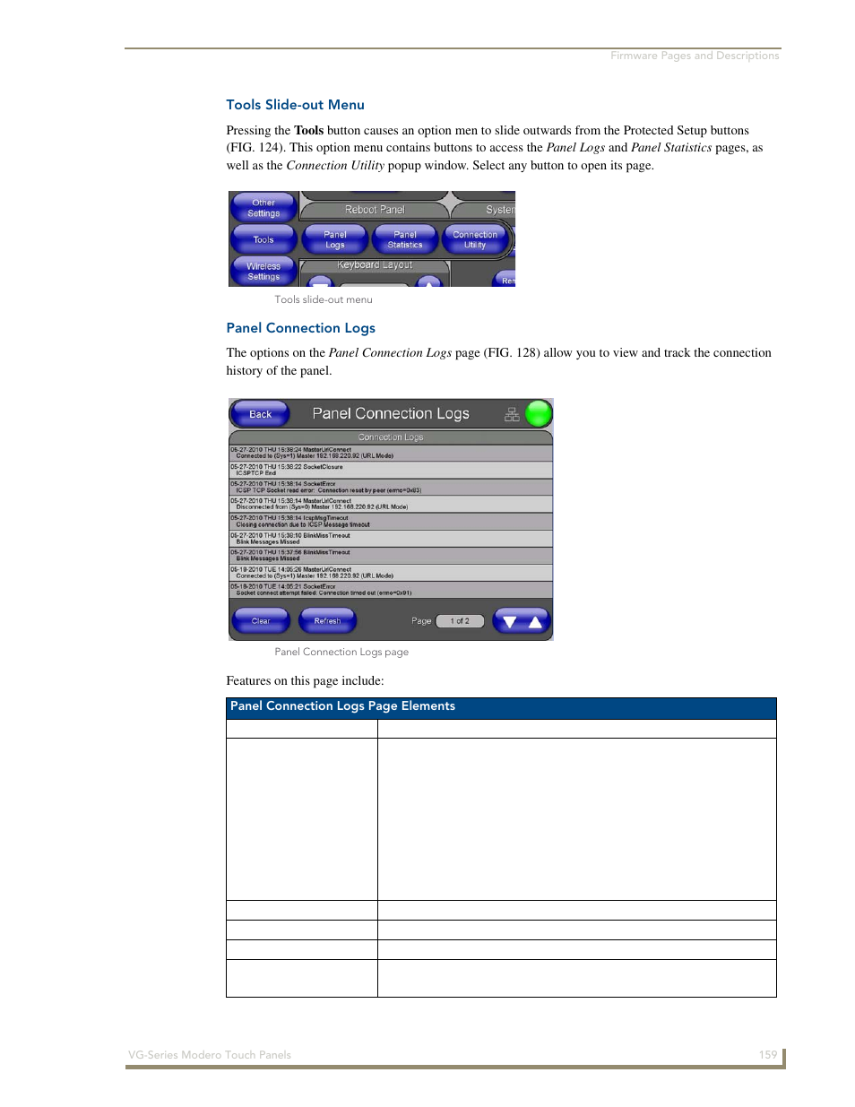 Tools slide-out menu, Panel connection logs | AMX Modero NXD/NXT-1200VG User Manual | Page 173 / 256