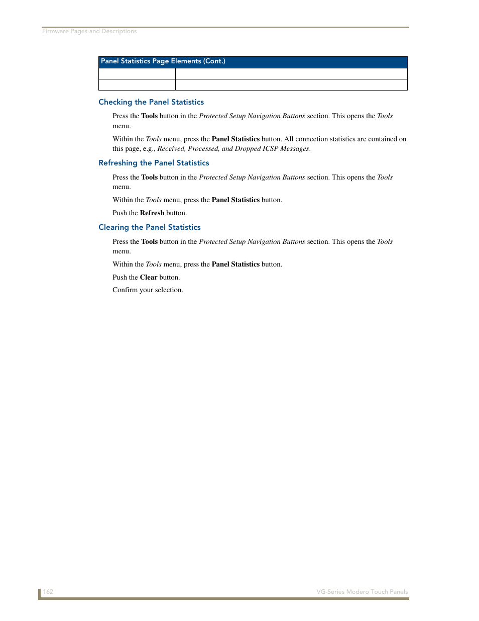 Checking the panel statistics, Refreshing the panel statistics, Clearing the panel statistics | AMX Modero NXD/NXT-1200VG User Manual | Page 176 / 256