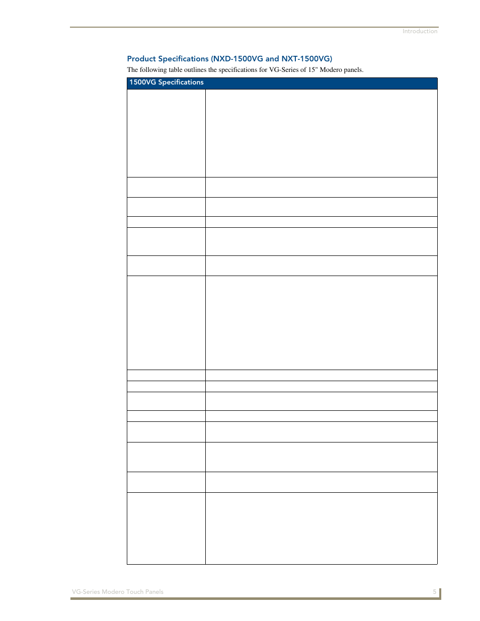 Product specifications (nxd-1500vg and nxt-1500vg) | AMX Modero NXD/NXT-1200VG User Manual | Page 19 / 256