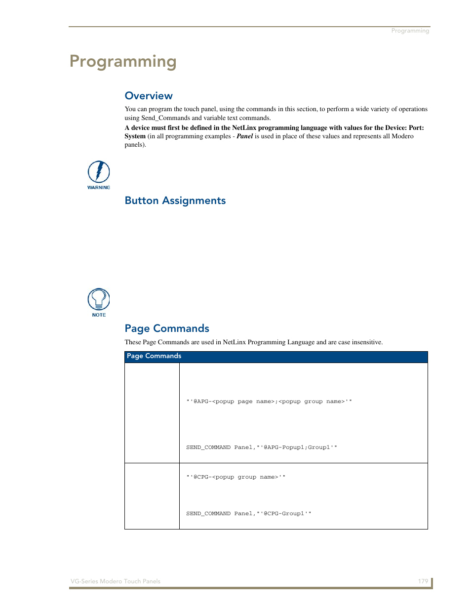 Programming, Overview, Button assignments | Apg @cpg, Button assignments page commands | AMX Modero NXD/NXT-1200VG User Manual | Page 193 / 256