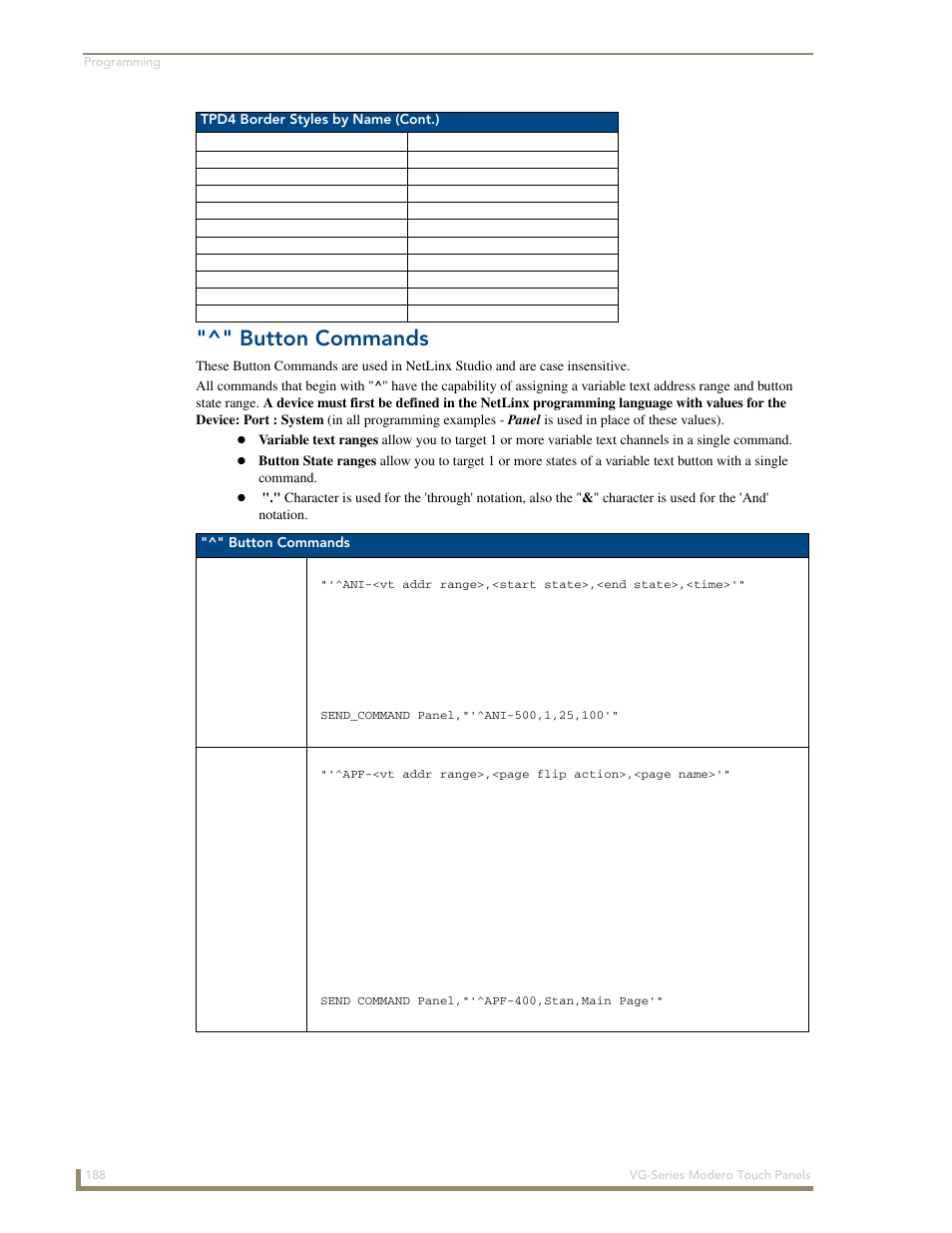 Button commands, Ani ^apf | AMX Modero NXD/NXT-1200VG User Manual | Page 202 / 256