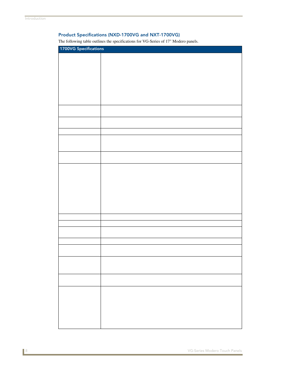 Product specifications (nxd-1700vg and nxt-1700vg) | AMX Modero NXD/NXT-1200VG User Manual | Page 22 / 256