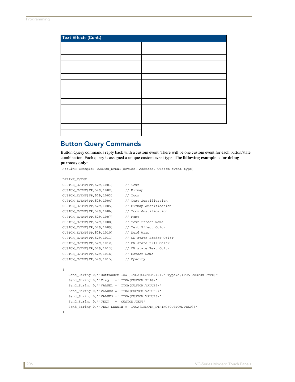 Button query commands, Text effects (cont.) | AMX Modero NXD/NXT-1200VG User Manual | Page 220 / 256