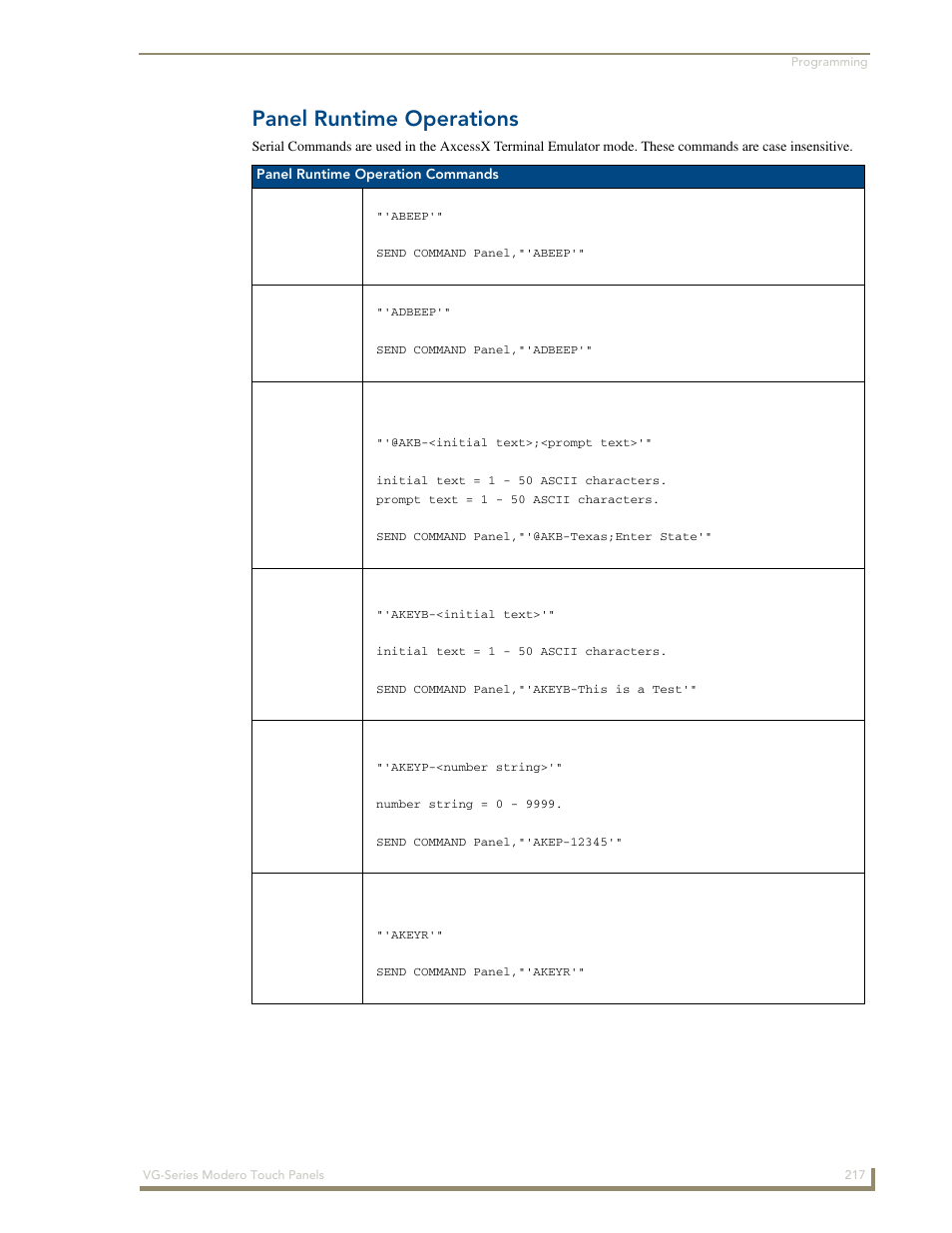 Panel runtime operations, Abeep, Adbeep | Akeyb, Akeyp, Akeyr, Abeep adbeep @akb akeyb akeyp akeyr | AMX Modero NXD/NXT-1200VG User Manual | Page 231 / 256