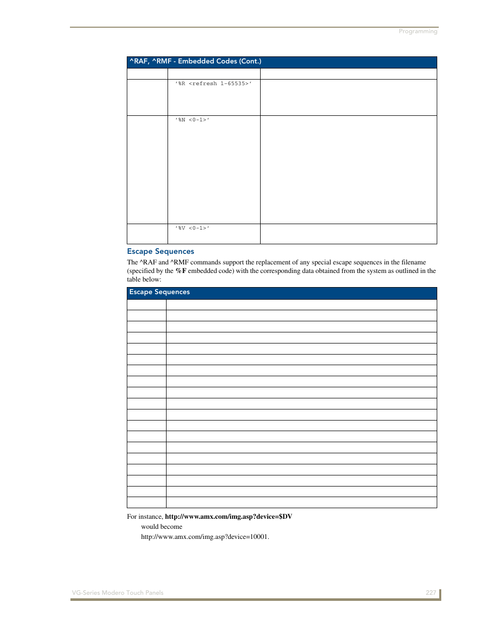 Escape sequences | AMX Modero NXD/NXT-1200VG User Manual | Page 241 / 256