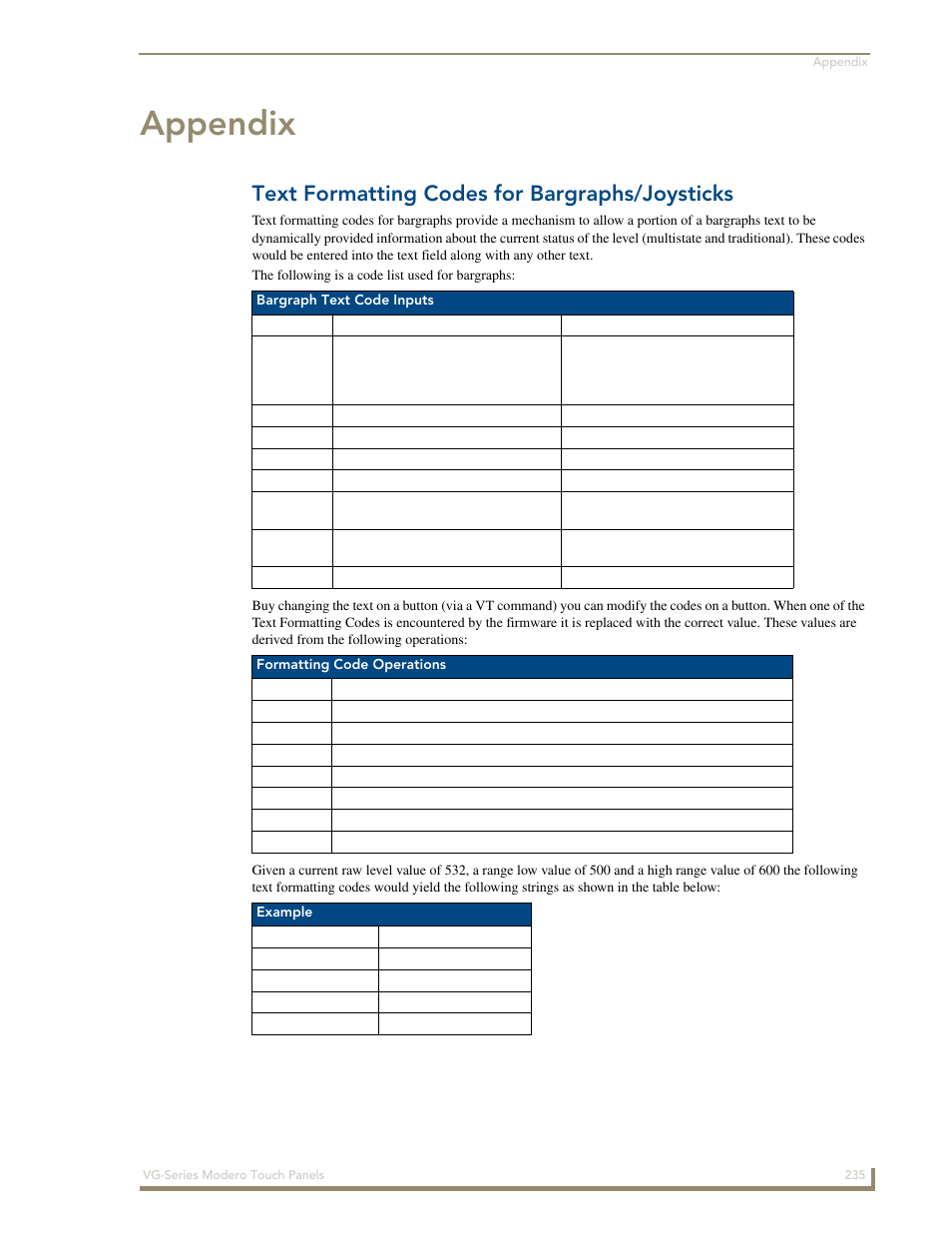 Appendix, Text formatting codes for bargraphs/joysticks | AMX Modero NXD/NXT-1200VG User Manual | Page 249 / 256