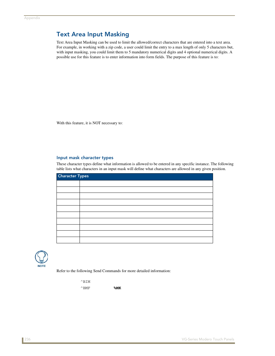 Text area input masking, Input mask character types | AMX Modero NXD/NXT-1200VG User Manual | Page 250 / 256