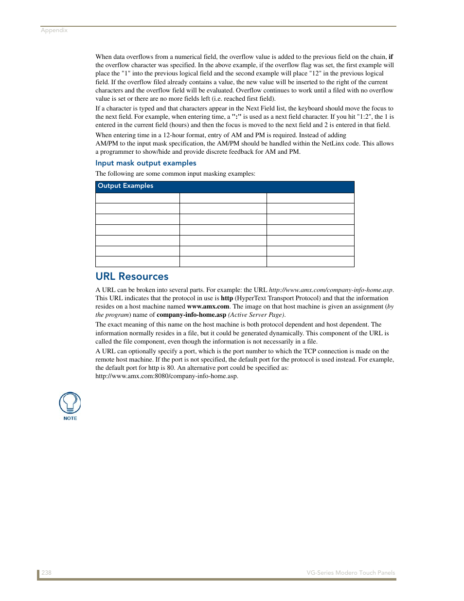 Input mask output examples, Url resources | AMX Modero NXD/NXT-1200VG User Manual | Page 252 / 256