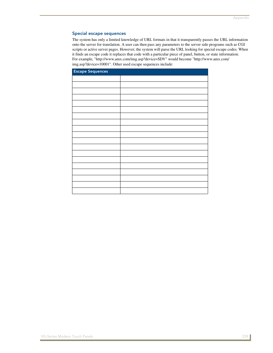 Special escape sequences | AMX Modero NXD/NXT-1200VG User Manual | Page 253 / 256