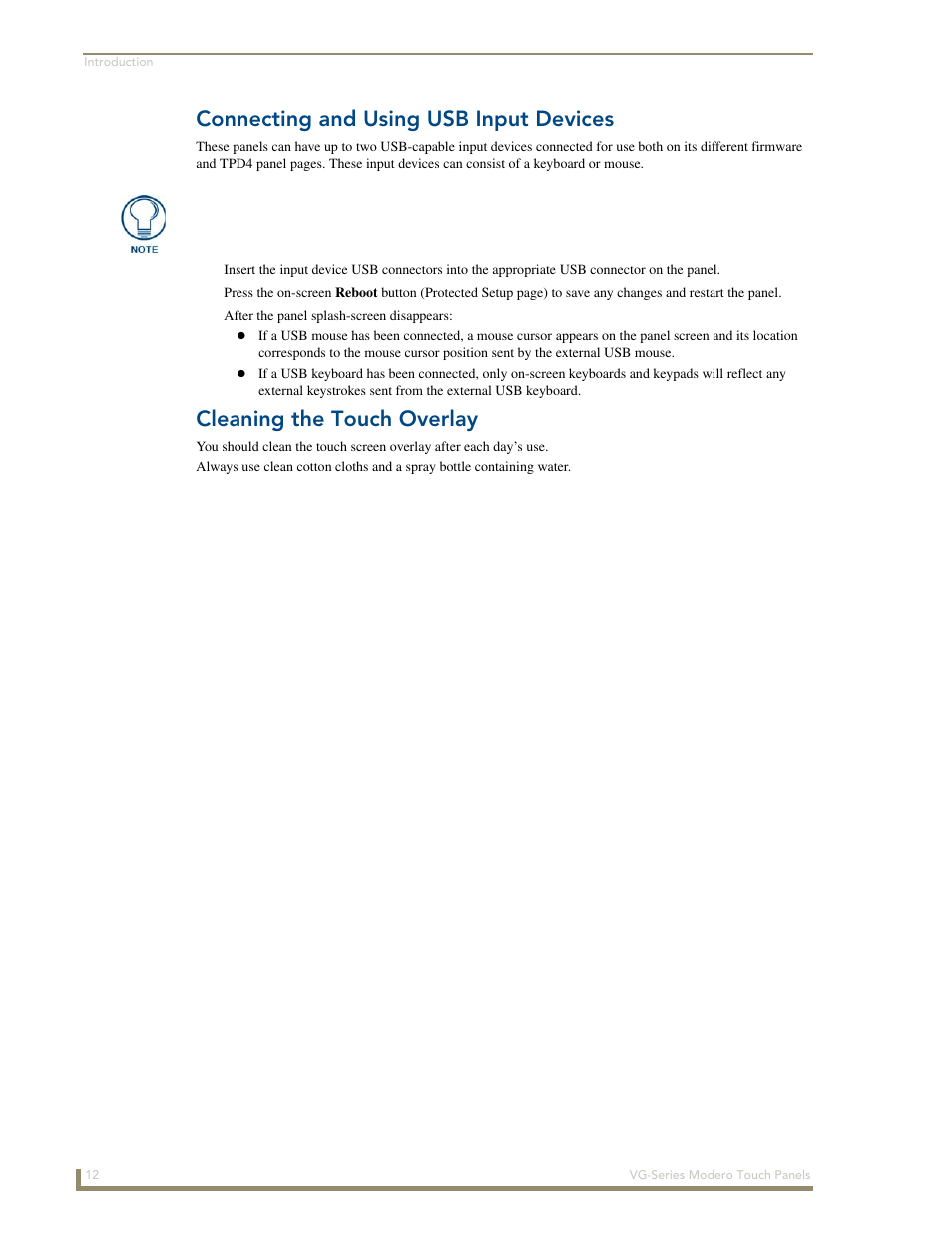 Connecting and using usb input devices, Cleaning the touch overlay | AMX Modero NXD/NXT-1200VG User Manual | Page 26 / 256