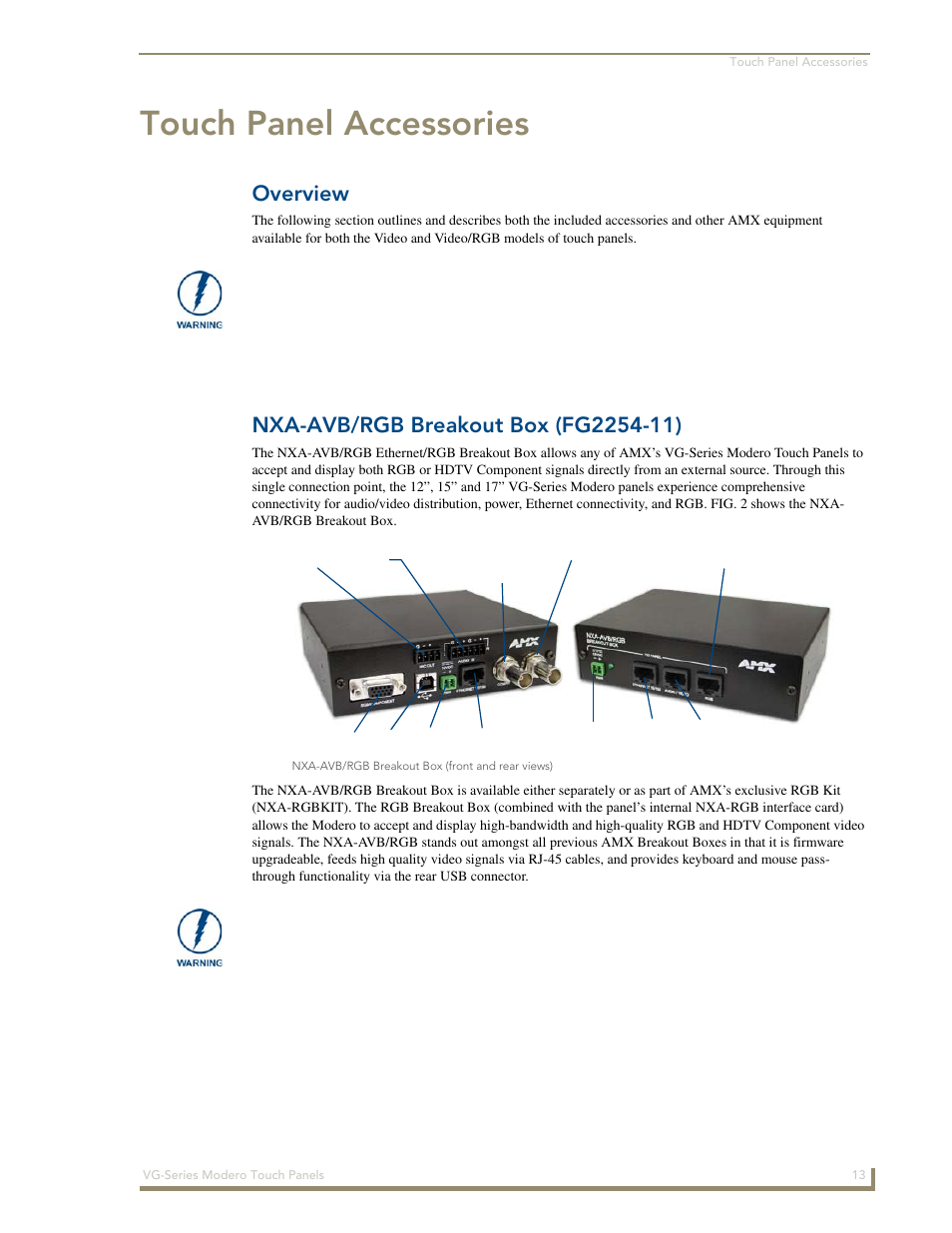 Touch panel accessories, Overview, Nxa-avb/rgb breakout box (fg2254-11) | AMX Modero NXD/NXT-1200VG User Manual | Page 27 / 256