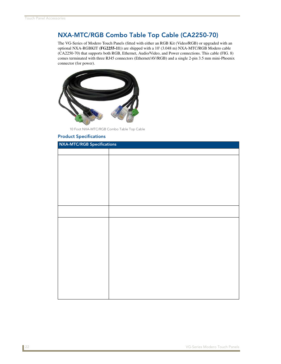 Nxa-mtc/rgb combo table top cable (ca2250-70), Product specifications | AMX Modero NXD/NXT-1200VG User Manual | Page 36 / 256