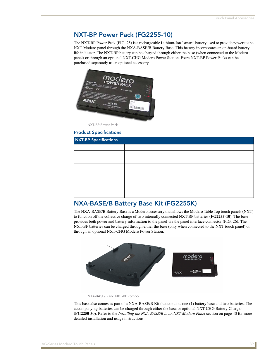 Nxt-bp power pack (fg2255-10), Product specifications, Nxa-base/b battery base kit (fg2255k) | AMX Modero NXD/NXT-1200VG User Manual | Page 53 / 256