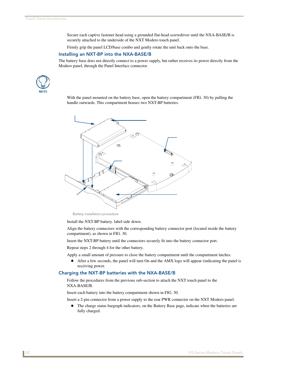Installing an nxt-bp into the nxa-base/b, Charging the nxt-bp batteries with the nxa-base/b | AMX Modero NXD/NXT-1200VG User Manual | Page 56 / 256