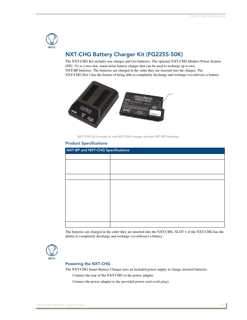 Nxt-chg battery charger kit (fg2255-50k), Product specifications, Powering the nxt-chg | AMX Modero NXD/NXT-1200VG User Manual | Page 57 / 256