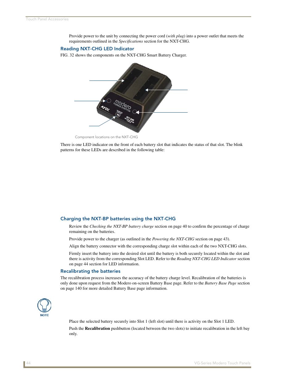 Reading nxt-chg led indicator, Charging the nxt-bp batteries using the nxt-chg, Recalibrating the batteries | AMX Modero NXD/NXT-1200VG User Manual | Page 58 / 256