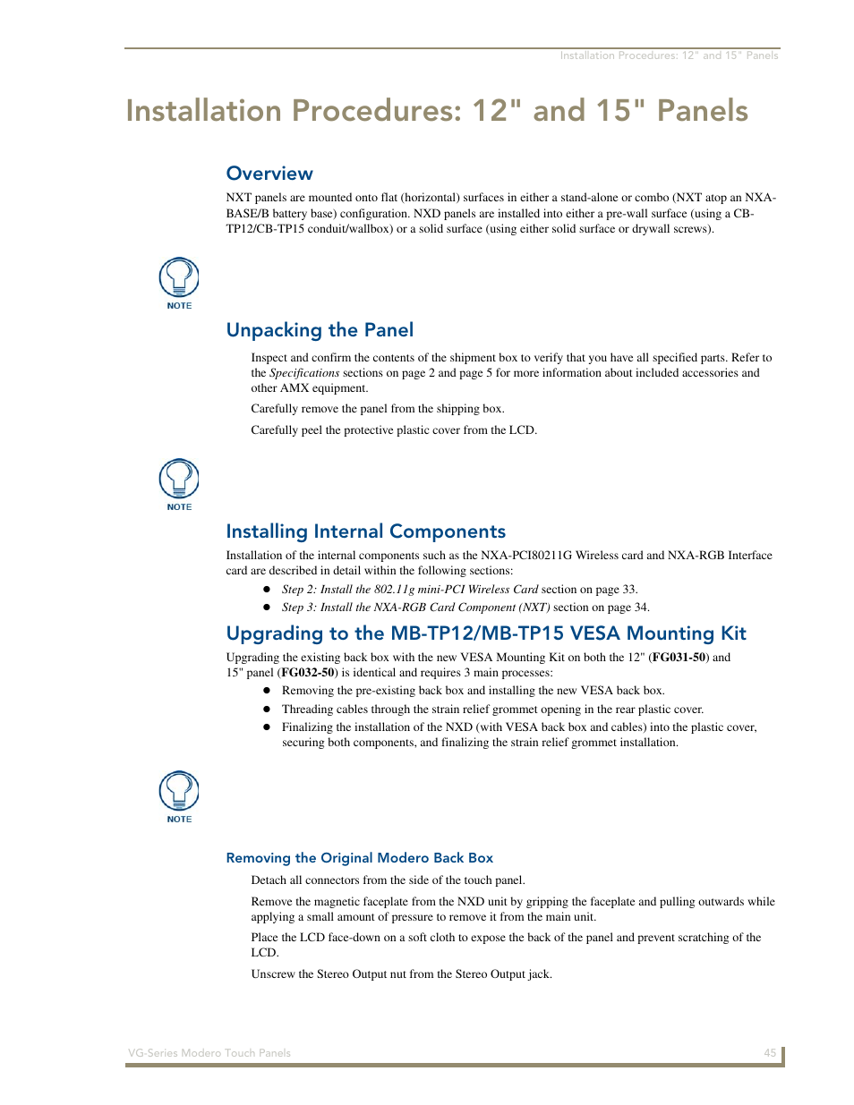 Installation procedures: 12" and 15" panels, Overview, Unpacking the panel | Installing internal components, Upgrading to the mb-tp12/mb-tp15 vesa mounting kit, Removing the original modero back box | AMX Modero NXD/NXT-1200VG User Manual | Page 59 / 256