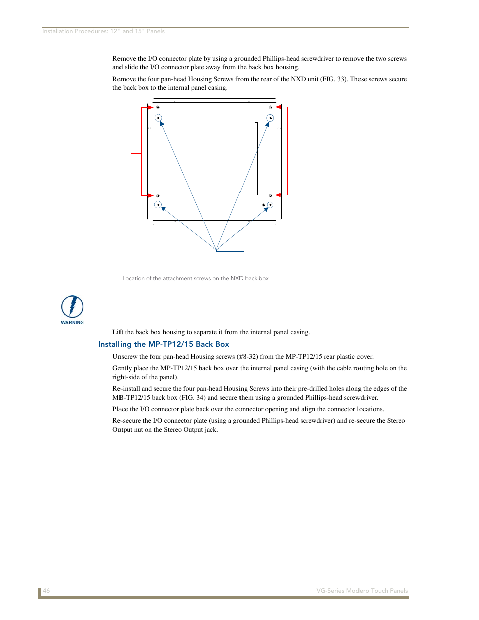 Installing the mp-tp12/15 back box | AMX Modero NXD/NXT-1200VG User Manual | Page 60 / 256