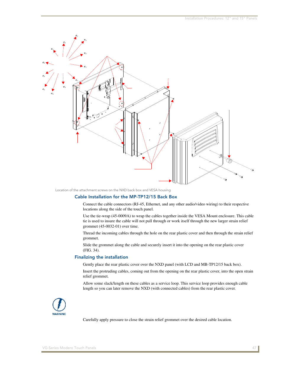 Cable installation for the mp-tp12/15 back box, Finalizing the installation | AMX Modero NXD/NXT-1200VG User Manual | Page 61 / 256