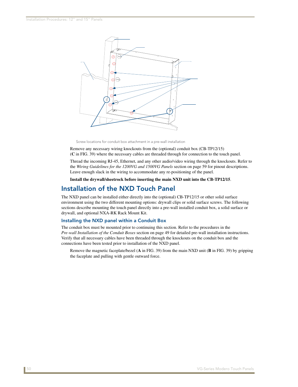 Installation of the nxd touch panel, Installing the nxd panel within a conduit box | AMX Modero NXD/NXT-1200VG User Manual | Page 64 / 256