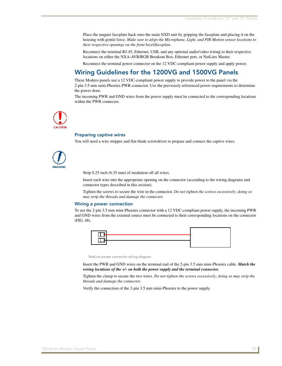 Wiring guidelines for the 1200vg and 1500vg panels, Preparing captive wires, Wiring a power connection | AMX Modero NXD/NXT-1200VG User Manual | Page 73 / 256