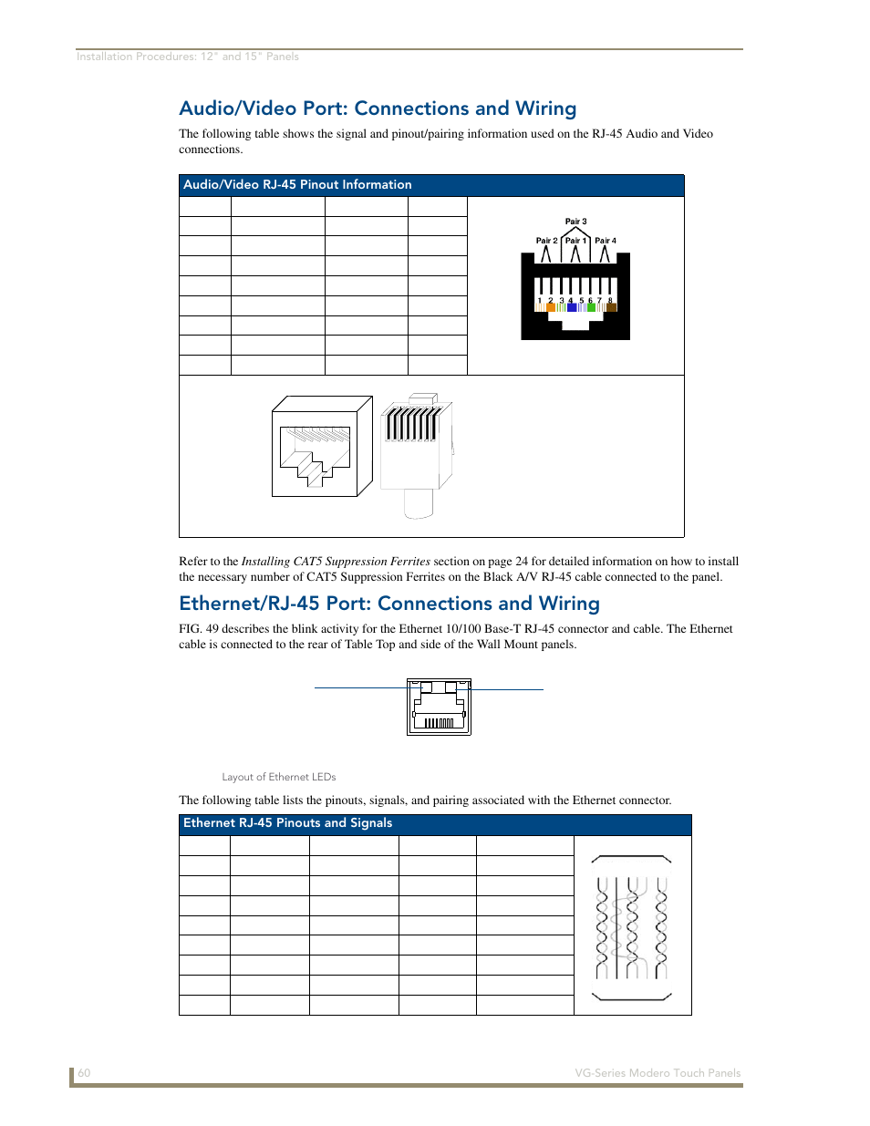 Audio/video port: connections and wiring, Ethernet/rj-45 port: connections and wiring | AMX Modero NXD/NXT-1200VG User Manual | Page 74 / 256