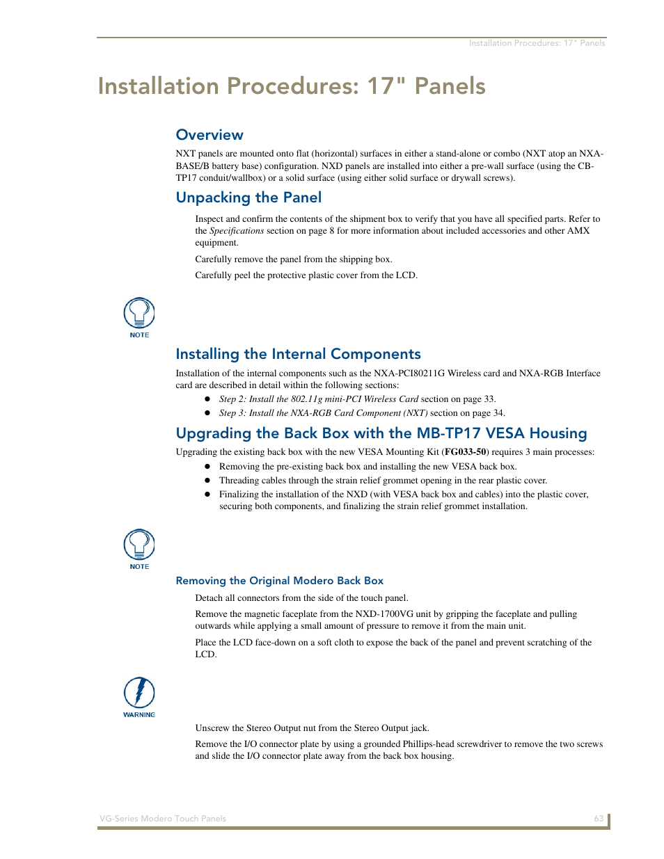 Installation procedures: 17" panels, Overview, Unpacking the panel | Installing the internal components, Removing the original modero back box | AMX Modero NXD/NXT-1200VG User Manual | Page 77 / 256