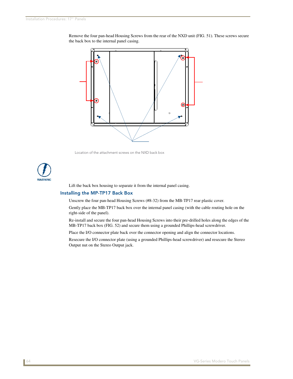 Installing the mp-tp17 back box | AMX Modero NXD/NXT-1200VG User Manual | Page 78 / 256