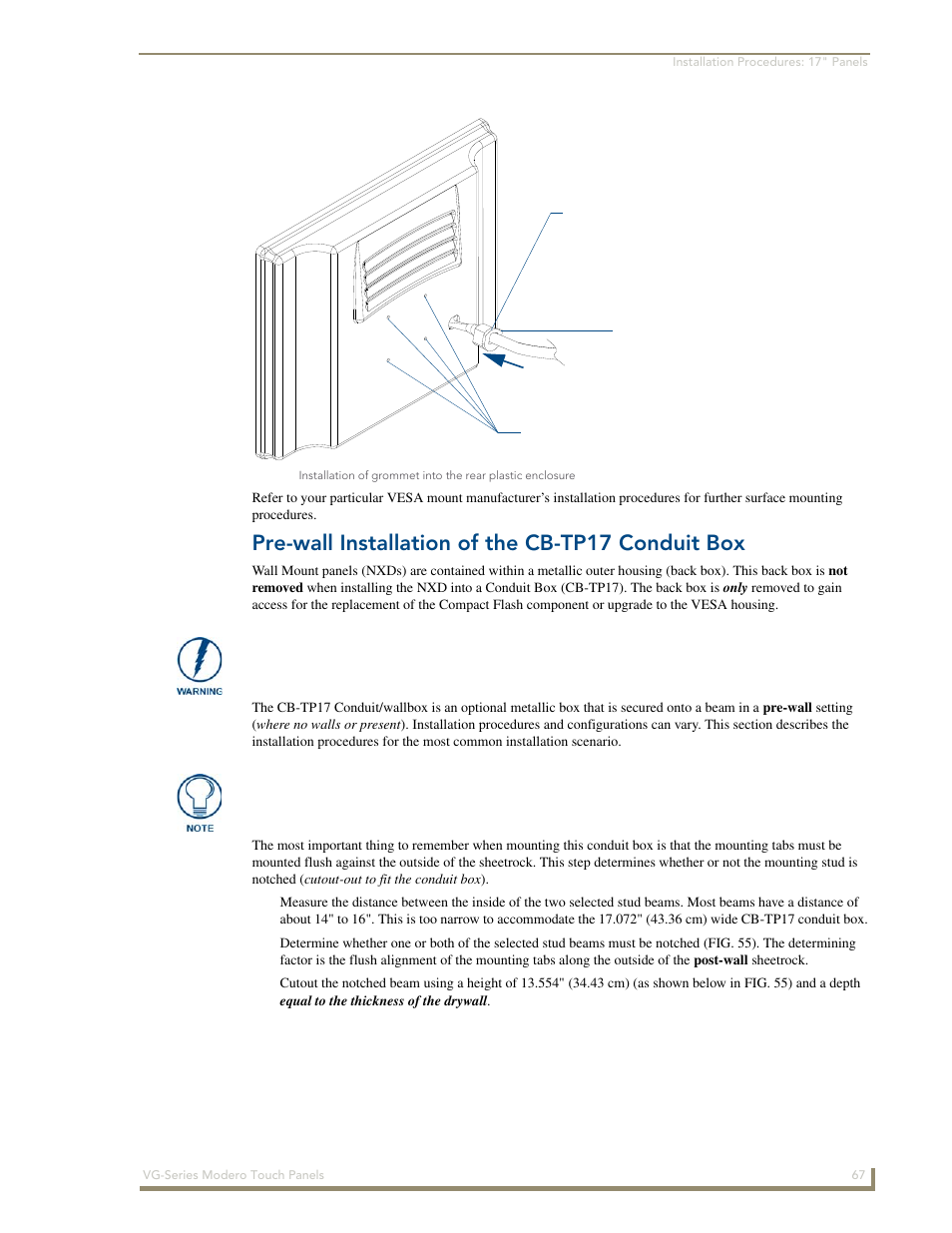 Pre-wall installation of the cb-tp17 conduit box | AMX Modero NXD/NXT-1200VG User Manual | Page 81 / 256