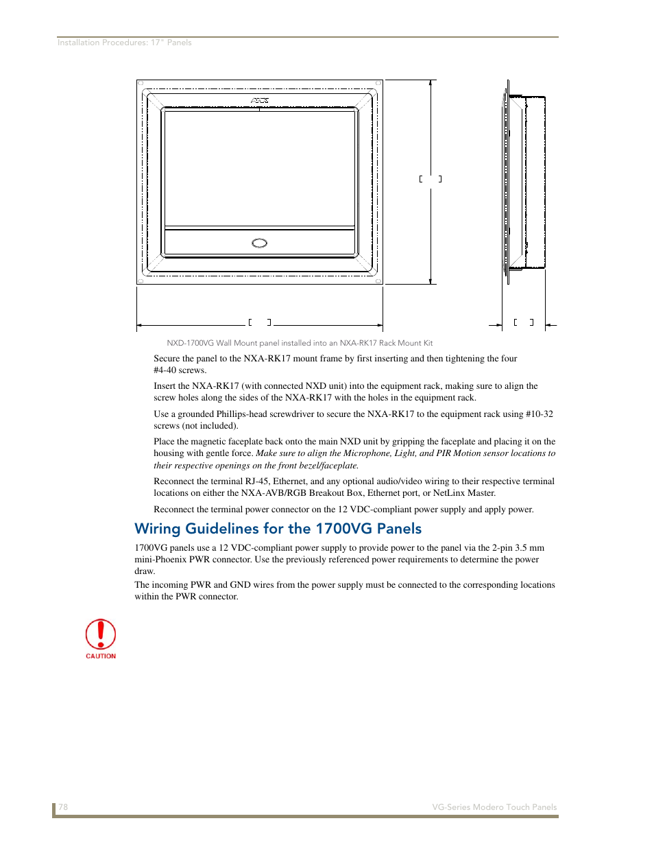 Wiring guidelines for the 1700vg panels, The nxa-rk17 (fig. 63) | AMX Modero NXD/NXT-1200VG User Manual | Page 92 / 256