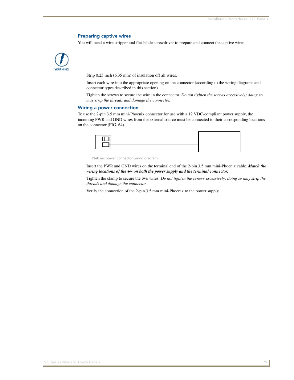Preparing captive wires, Wiring a power connection | AMX Modero NXD/NXT-1200VG User Manual | Page 93 / 256