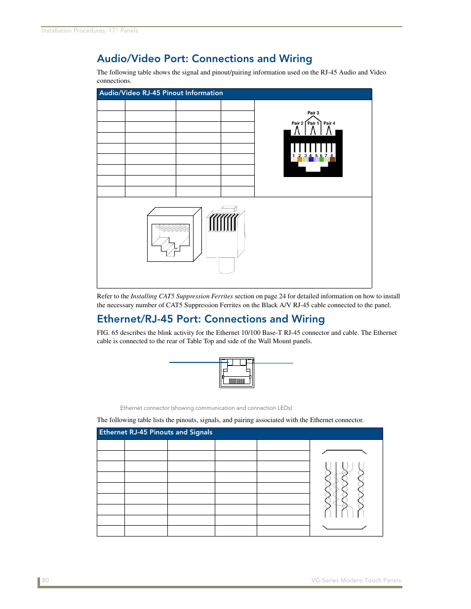 Audio/video port: connections and wiring, Ethernet/rj-45 port: connections and wiring | AMX Modero NXD/NXT-1200VG User Manual | Page 94 / 256