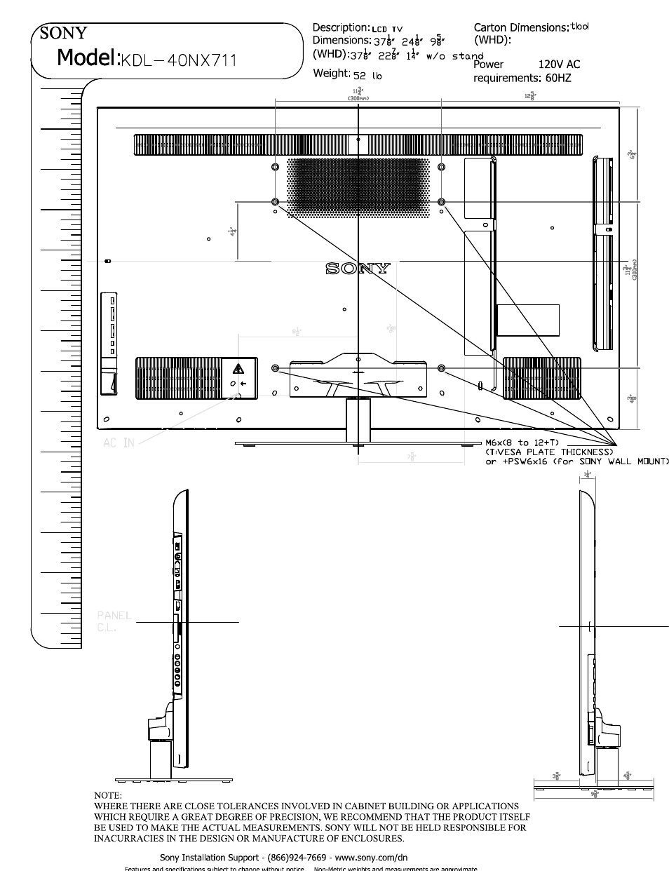 Description: lcd tv carton dimensions:'tbd, Owin i dimensions: 37^' 24^' 9i' (whd), Model | Sony KDL-40NX711 User Manual | Page 2 / 3