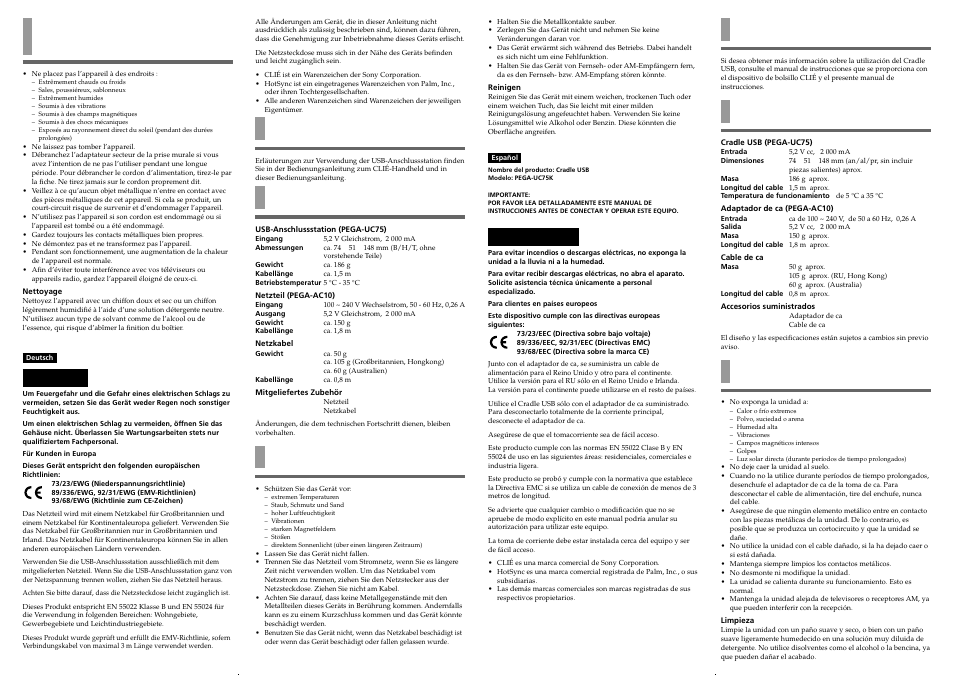 Remarques concernant l’utilisation, Vorbereitungen, Technische daten | Hinweise zur verwendung, Antes de su utilización, Especificaciones, Notas sobre el uso, Advertencia, Achtung | Sony PEGA-UC75K User Manual | Page 2 / 2