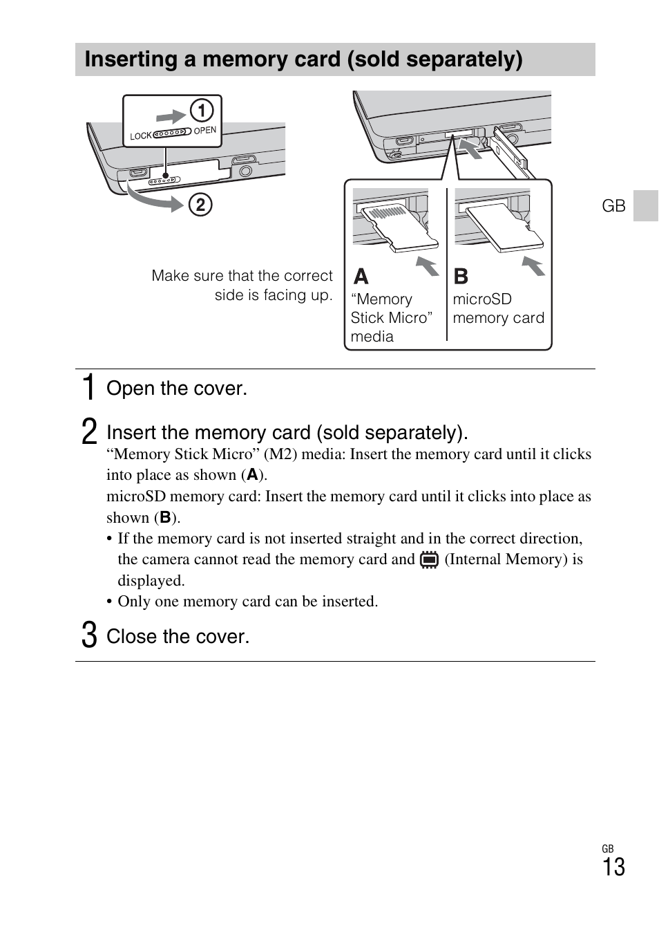 Inserting a memory card (sold separately) | Sony DSC-TX55 User Manual | Page 13 / 64