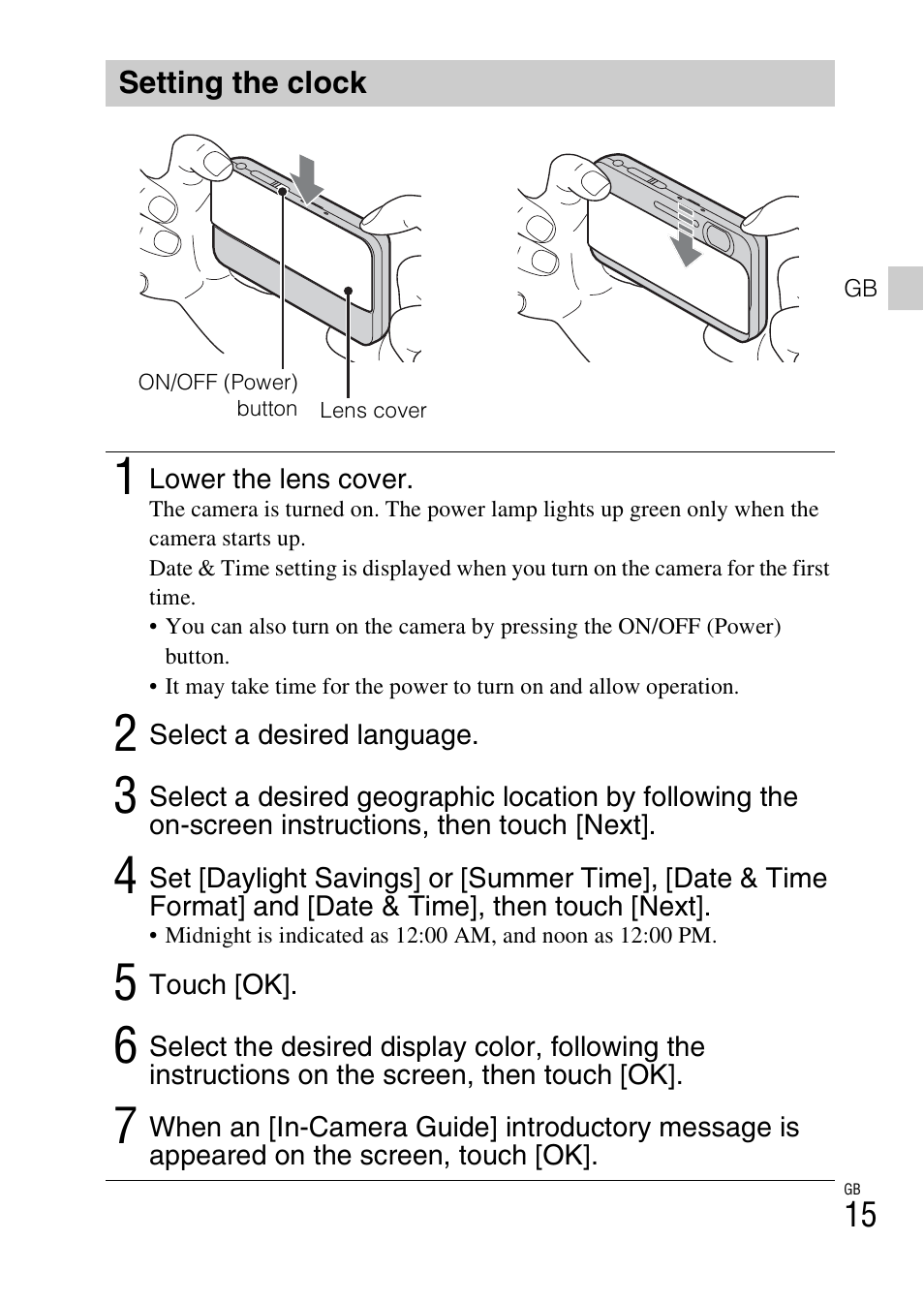 Setting the clock | Sony DSC-TX55 User Manual | Page 15 / 64