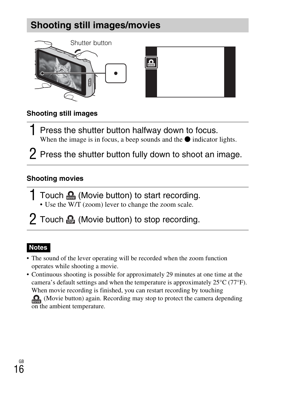 Shooting still images/movies | Sony DSC-TX55 User Manual | Page 16 / 64