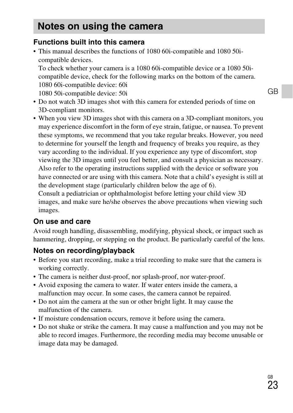 Notes on using the camera | Sony DSC-TX55 User Manual | Page 23 / 64